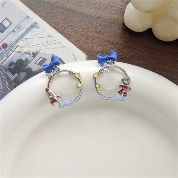 Rocket & Astronaut Star Space Blue Bow Circle Fashion Silver Cartoon Earrings - Picture 2 of 2